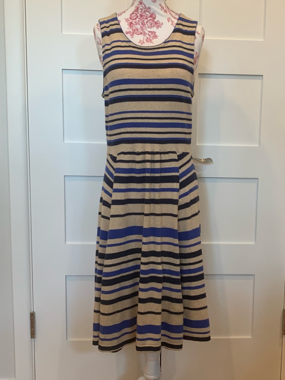 VGUC Striped Sleeveless Knit/Wool Blend Midi Dress in Beige and Blue